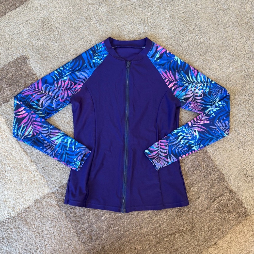 Holipick Women 3 Piece Rash Guard Swimsuit Set Tropical Palm Print Blue Purple S - Picture 5 of 12